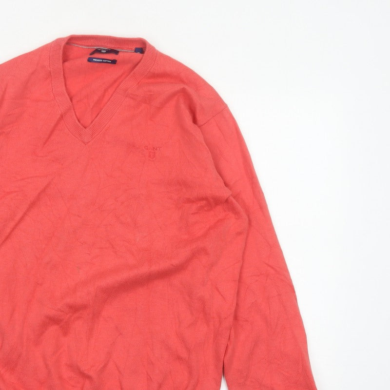 GANT Mens Red XL Premium Cotton V-Neck Logo Knit Pullover Jumper
