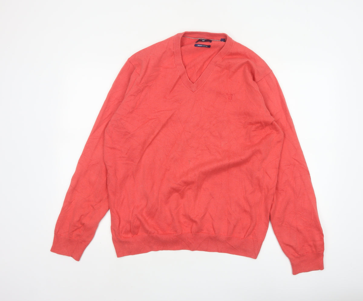 GANT Mens Red XL Premium Cotton V-Neck Logo Knit Pullover Jumper