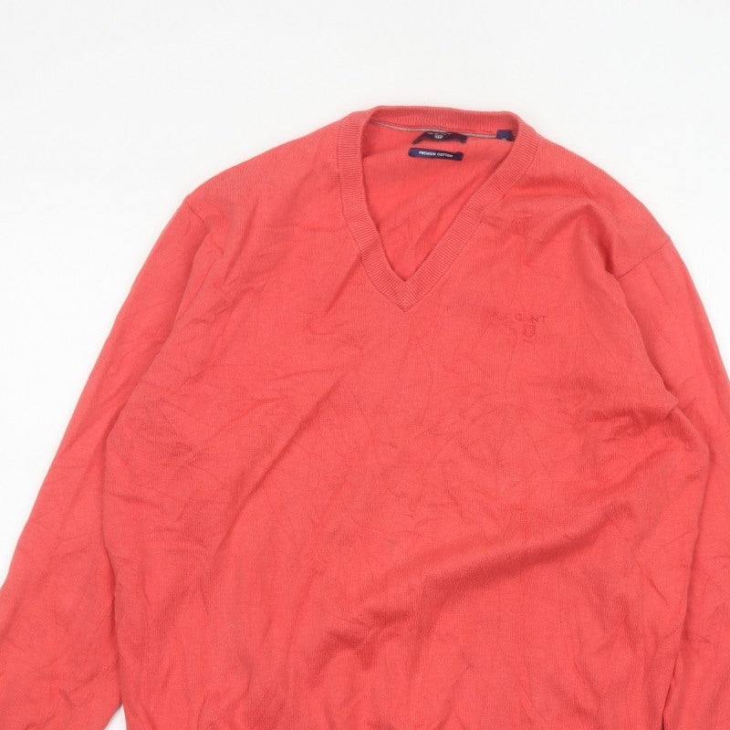 GANT Mens Red XL Premium Cotton V-Neck Logo Knit Pullover Jumper