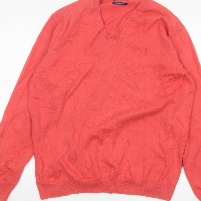 GANT Mens Red XL Premium Cotton V-Neck Logo Knit Pullover Jumper