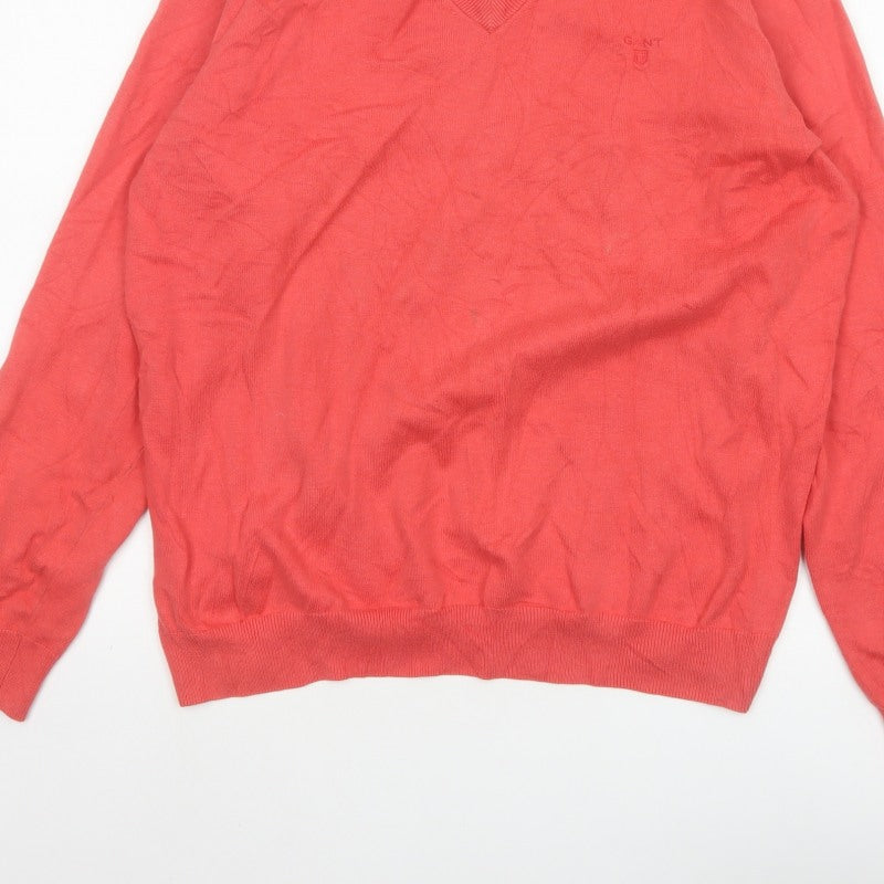 GANT Mens Red XL Premium Cotton V-Neck Logo Knit Pullover Jumper