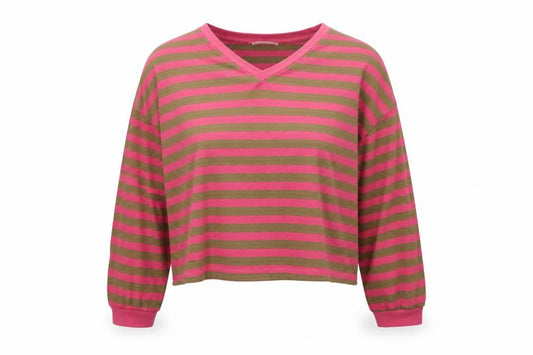Zara Women’s Pink Green Stripe Cropped V-Neck Long Sleeve Top UK 10