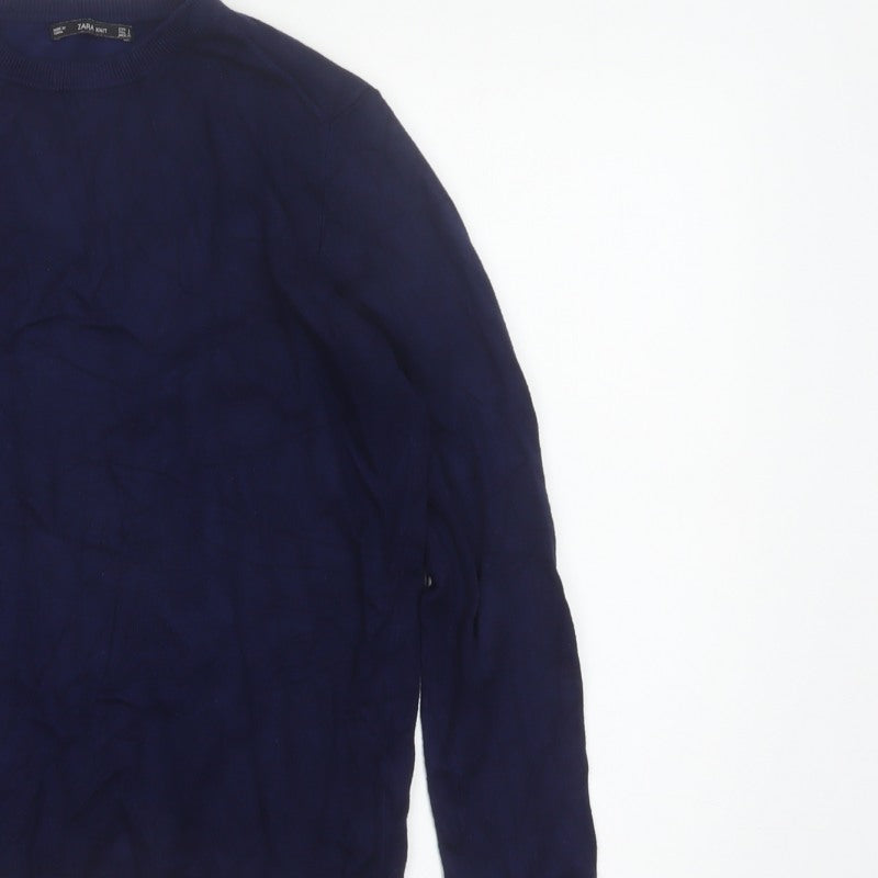 Zara Women Blue L Crew Neck Knit Pullover Jumper Button Cuffs