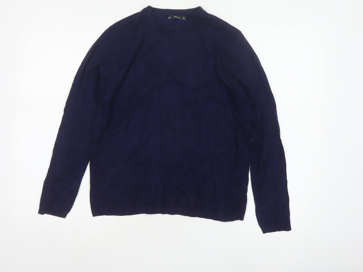 Zara Women Blue L Crew Neck Knit Pullover Jumper Button Cuffs