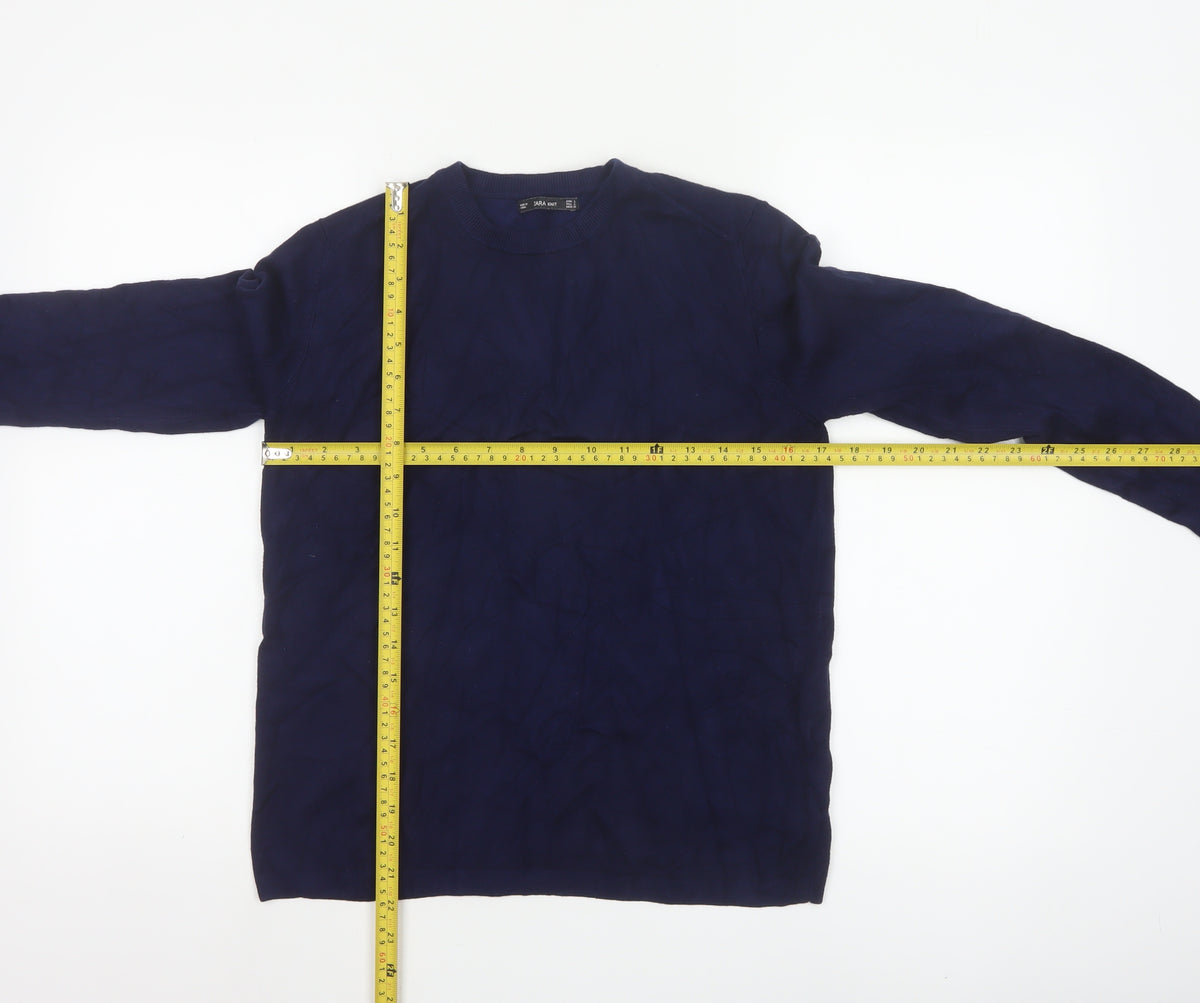 Zara Women Blue L Crew Neck Knit Pullover Jumper Button Cuffs