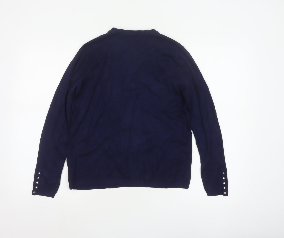 Zara Women Blue L Crew Neck Knit Pullover Jumper Button Cuffs