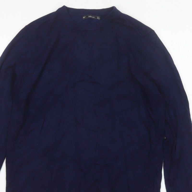 Zara Women Blue L Crew Neck Knit Pullover Jumper Button Cuffs