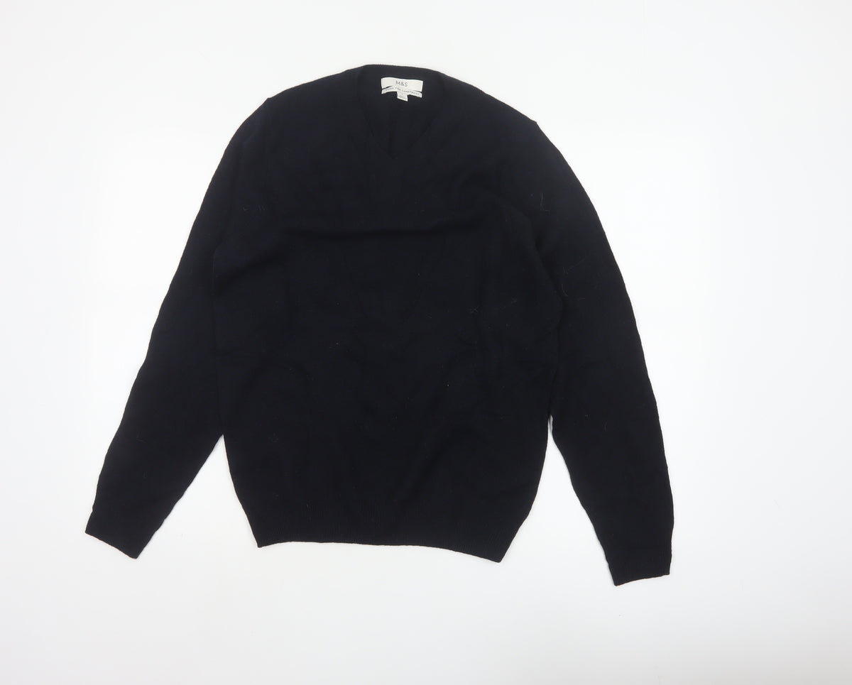 Marks & Spencer Men Blue S Lambswool V-Neck Pullover Jumper