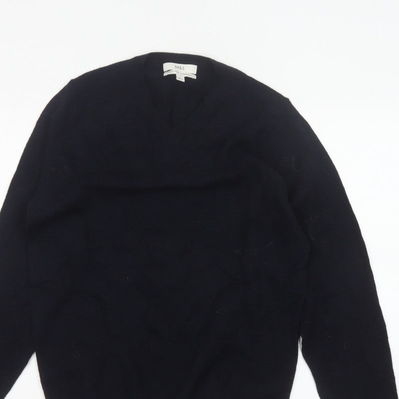 Marks & Spencer Men Blue S Lambswool V-Neck Pullover Jumper