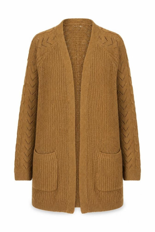 Cotton Traders Women’s Brown UK 12 Open Cable Knit Cardigan Pockets
