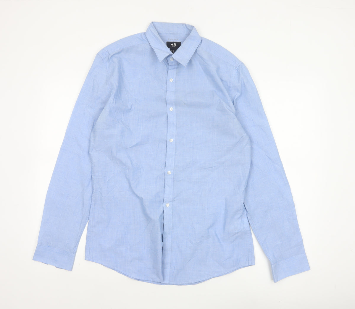 H&M Men Blue M Slim Fit Easy Iron Check Long Sleeve Shirt