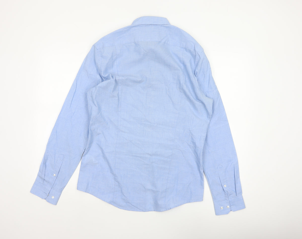 H&M Men Blue M Slim Fit Easy Iron Check Long Sleeve Shirt