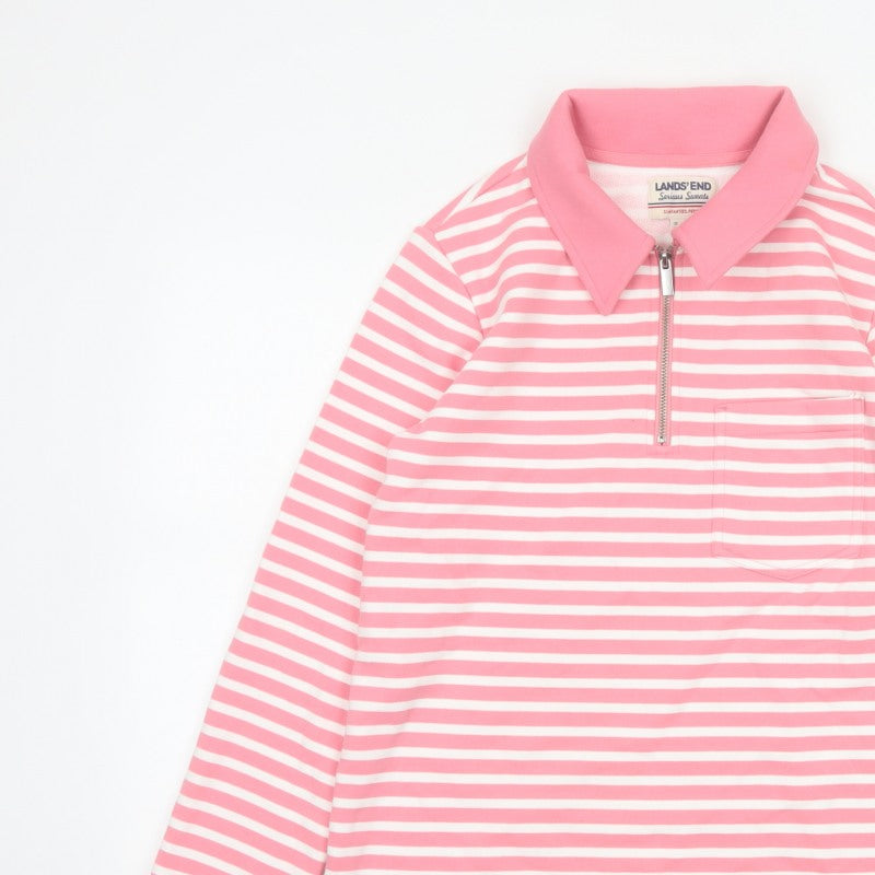 Lands' End Women Pink Stripe S Petite 1/4 Zip Collared Sweatshirt