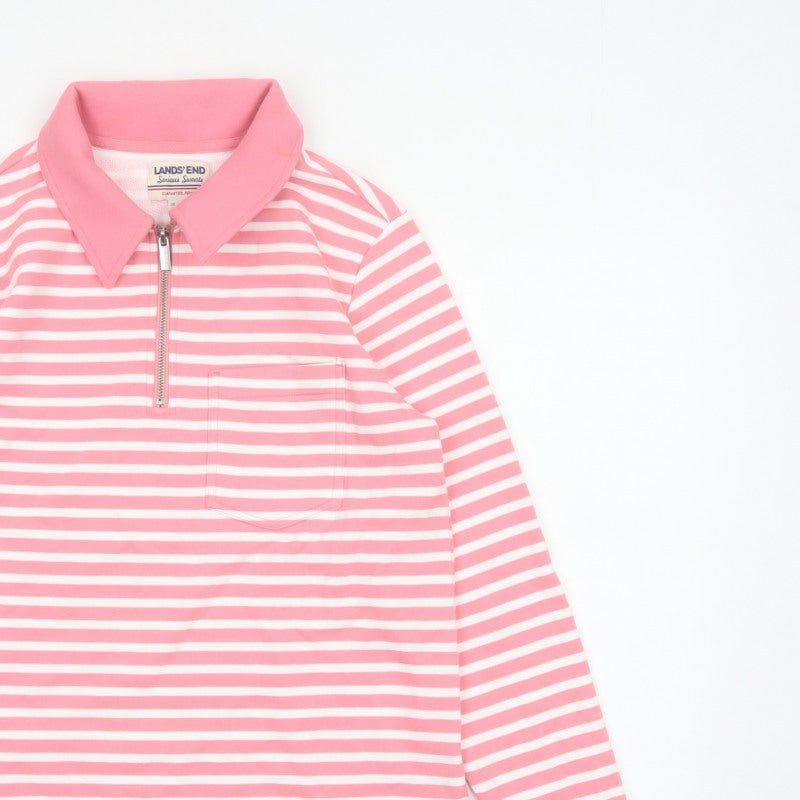 Lands' End Women Pink Stripe S Petite 1/4 Zip Collared Sweatshirt