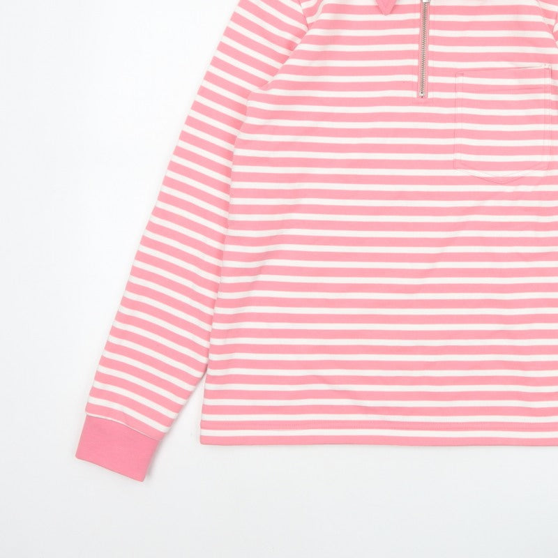 Lands' End Women Pink Stripe S Petite 1/4 Zip Collared Sweatshirt