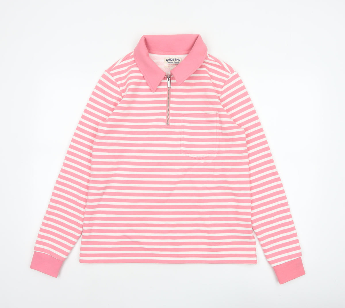 Lands' End Women Pink Stripe S Petite 1/4 Zip Collared Sweatshirt