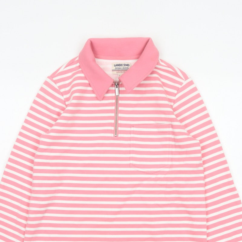 Lands' End Women Pink Stripe S Petite 1/4 Zip Collared Sweatshirt