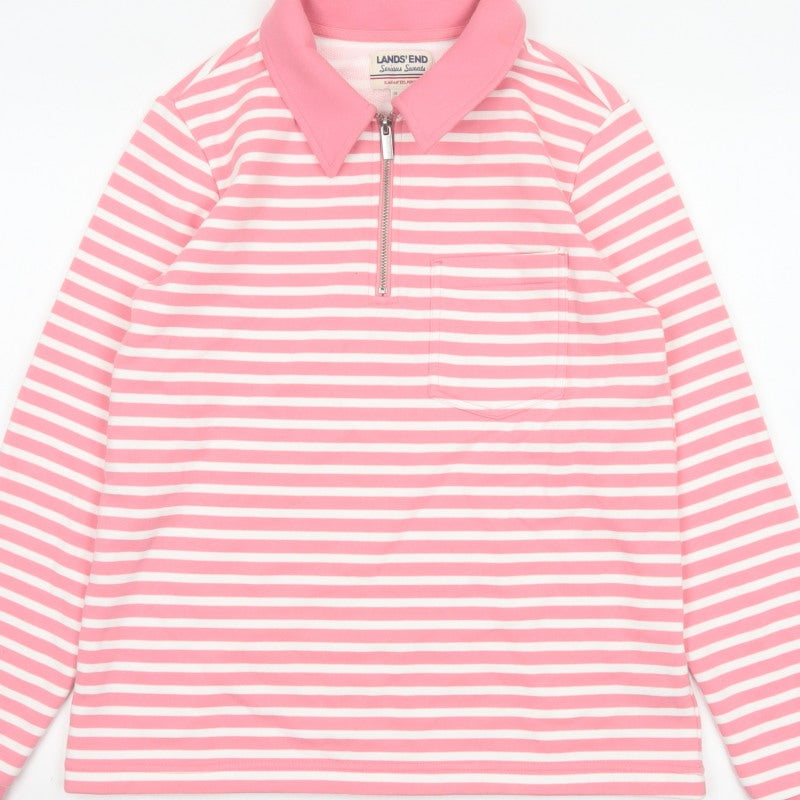 Lands' End Women Pink Stripe S Petite 1/4 Zip Collared Sweatshirt