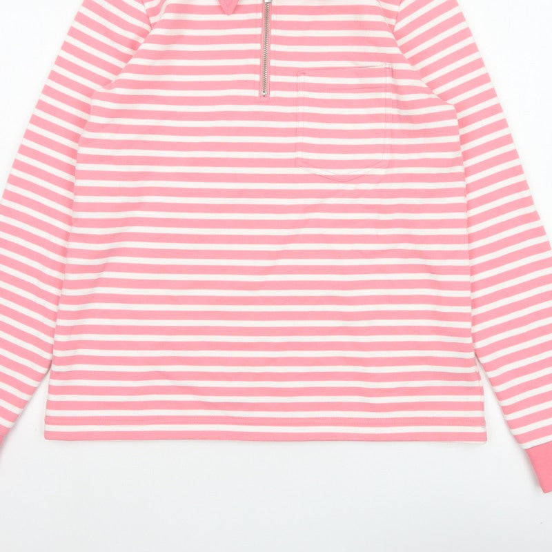 Lands' End Women Pink Stripe S Petite 1/4 Zip Collared Sweatshirt