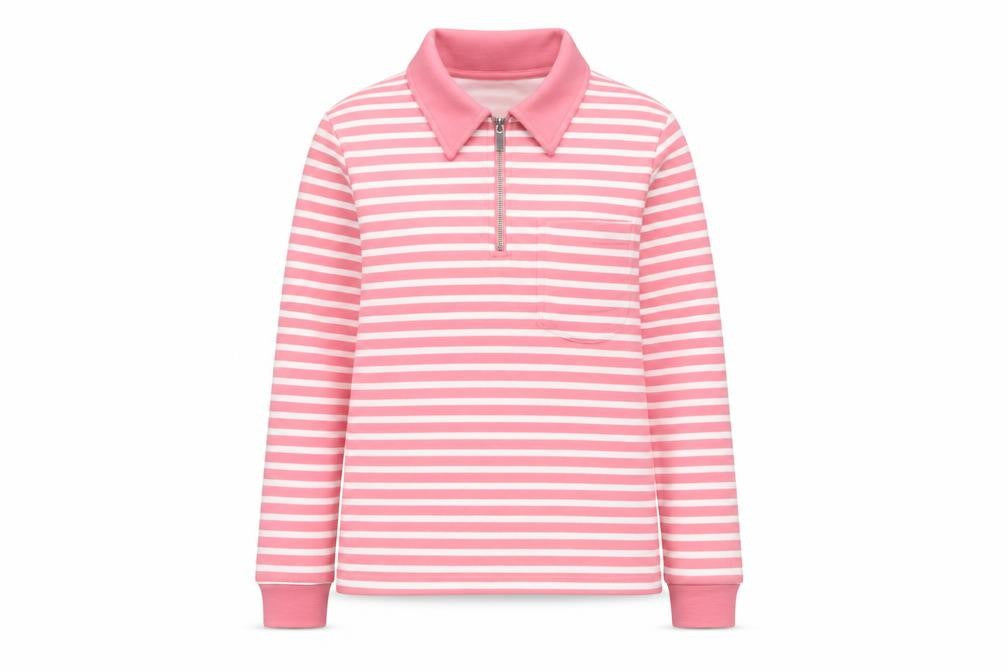 Lands' End Women Pink Stripe S Petite 1/4 Zip Collared Sweatshirt