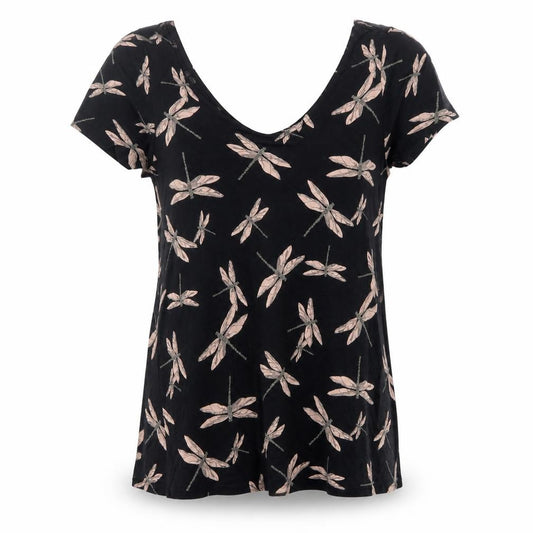 Next Women Black Pink Dragonfly Viscose Scoop Neck Cap Sleeve Blouse UK 10