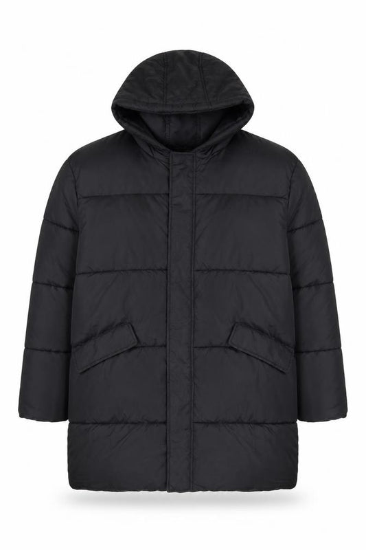 New Look Men Black L Hooded Puffer Jacket Mid-Length Quilted