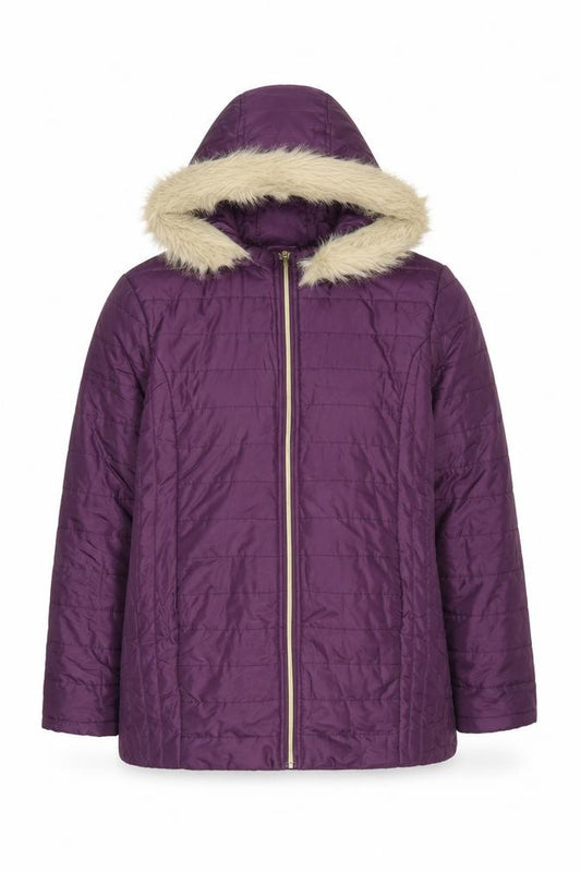 Nathalie Andersen Women Purple S Quilted Hooded Puffer Jacket Faux Fur