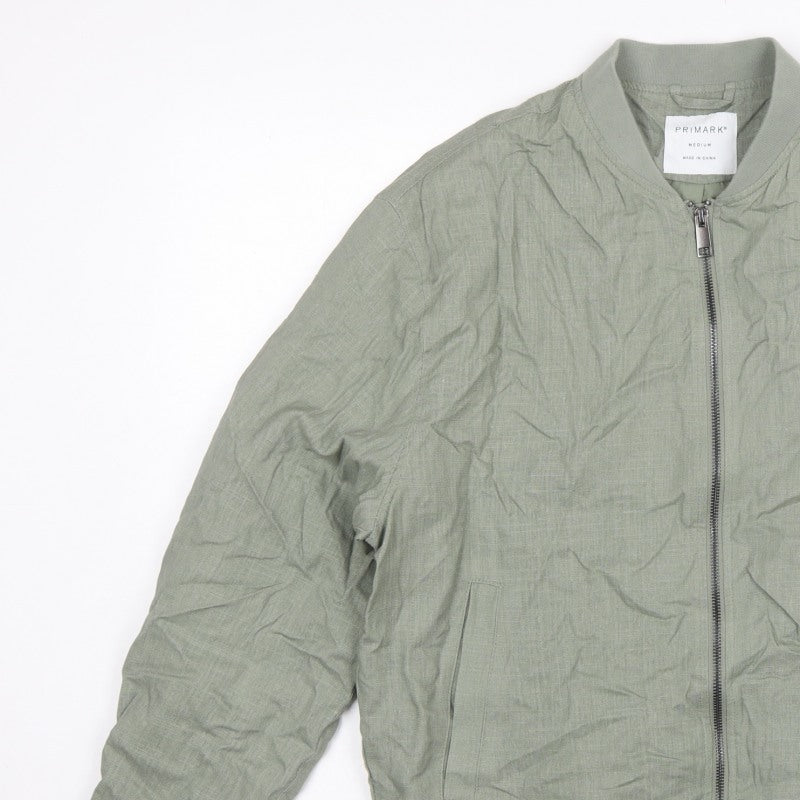 Primark Men Green M Linen Blend Bomber Jacket Full Zip Lightweight