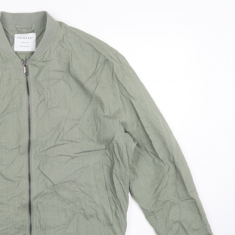 Primark Men Green M Linen Blend Bomber Jacket Full Zip Lightweight