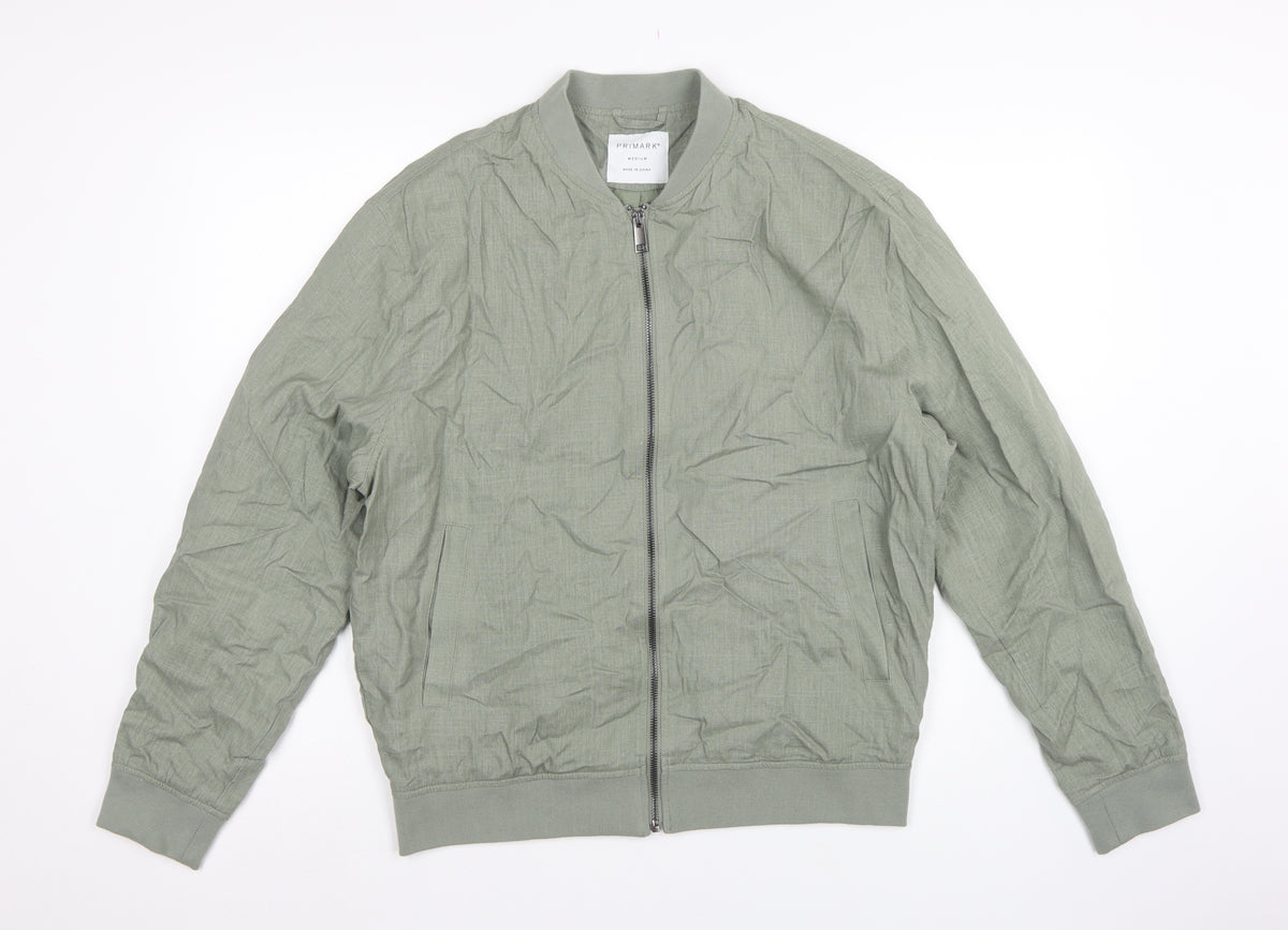Primark Men Green M Linen Blend Bomber Jacket Full Zip Lightweight