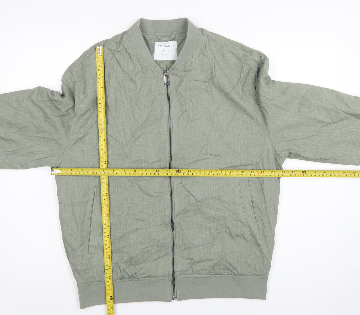 Primark Men Green M Linen Blend Bomber Jacket Full Zip Lightweight