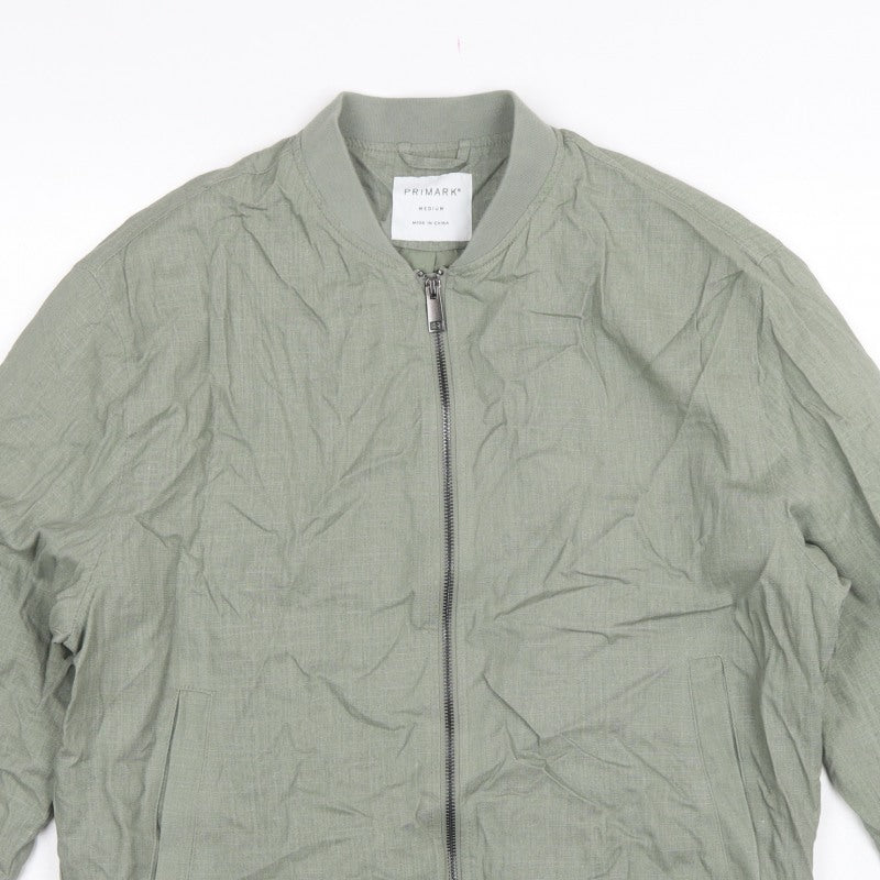Primark Men Green M Linen Blend Bomber Jacket Full Zip Lightweight