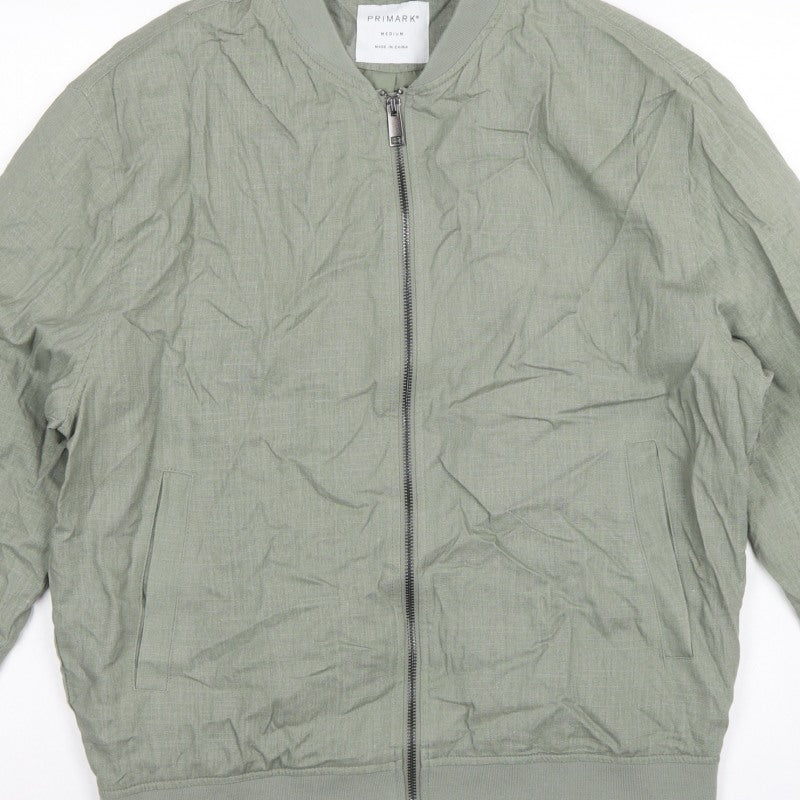 Primark Men Green M Linen Blend Bomber Jacket Full Zip Lightweight
