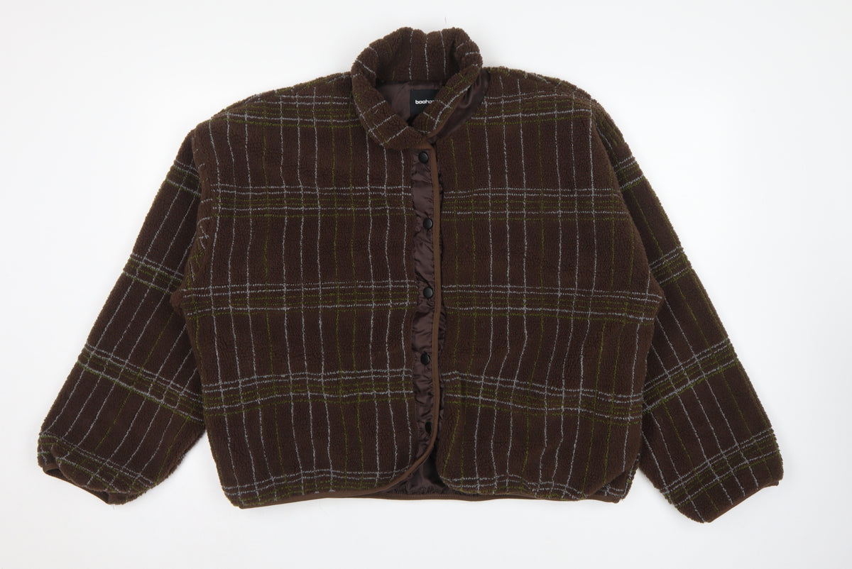 Boohoo Women's Brown Check Fleece Jacket UK 10 Collared Snap Button