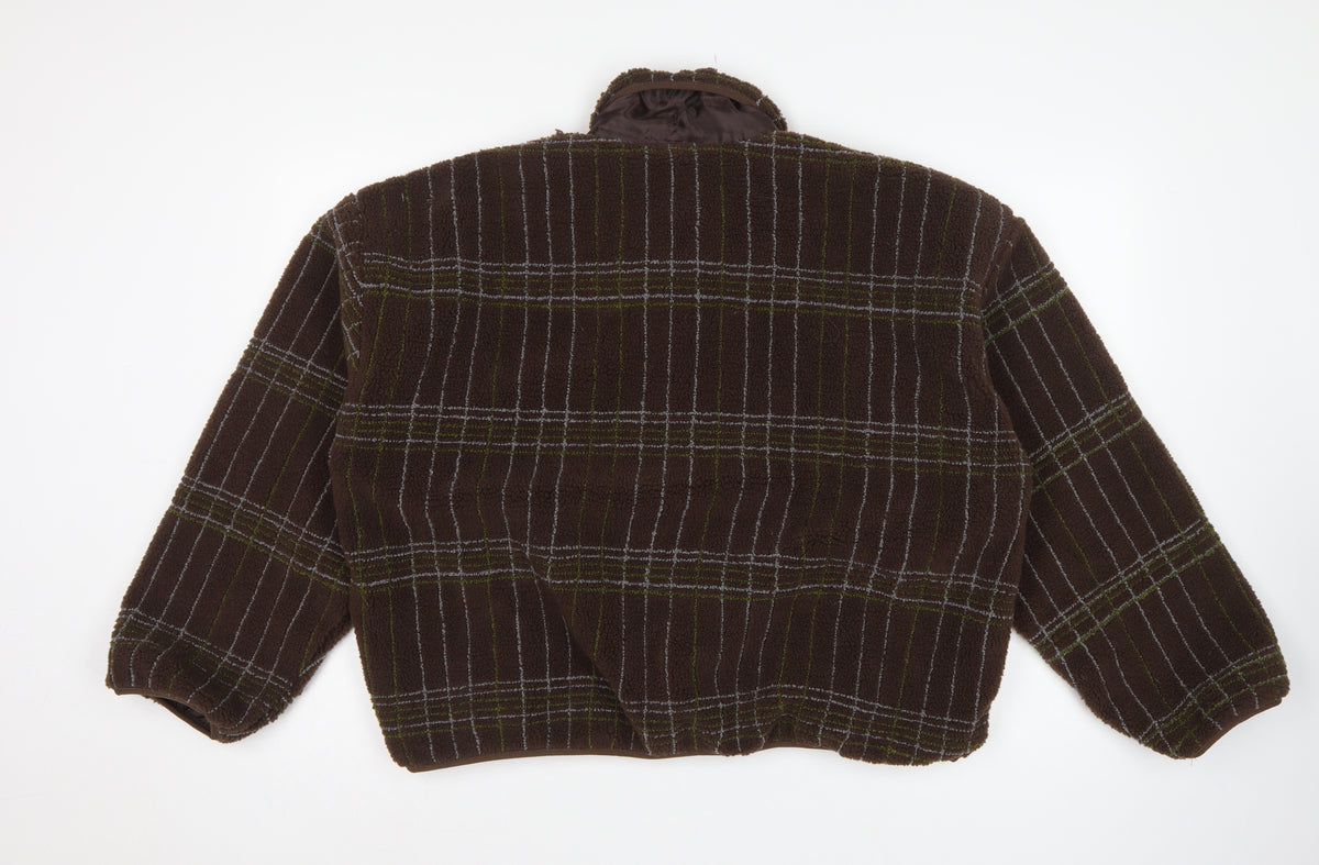 Boohoo Women's Brown Check Fleece Jacket UK 10 Collared Snap Button