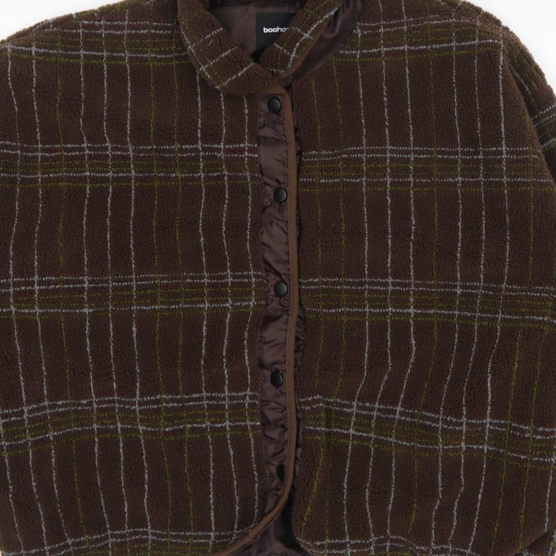 Boohoo Women's Brown Check Fleece Jacket UK 10 Collared Snap Button