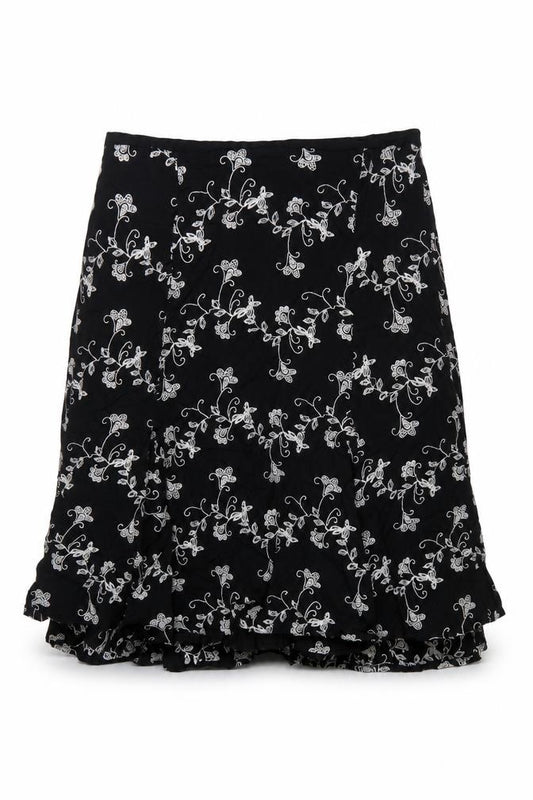 Country Casuals Women Black Floral Flare Knee Length Skirt UK 14 Petite