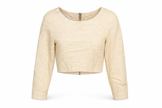 House of London Women Beige S Cropped Long Sleeve Zip Blouse