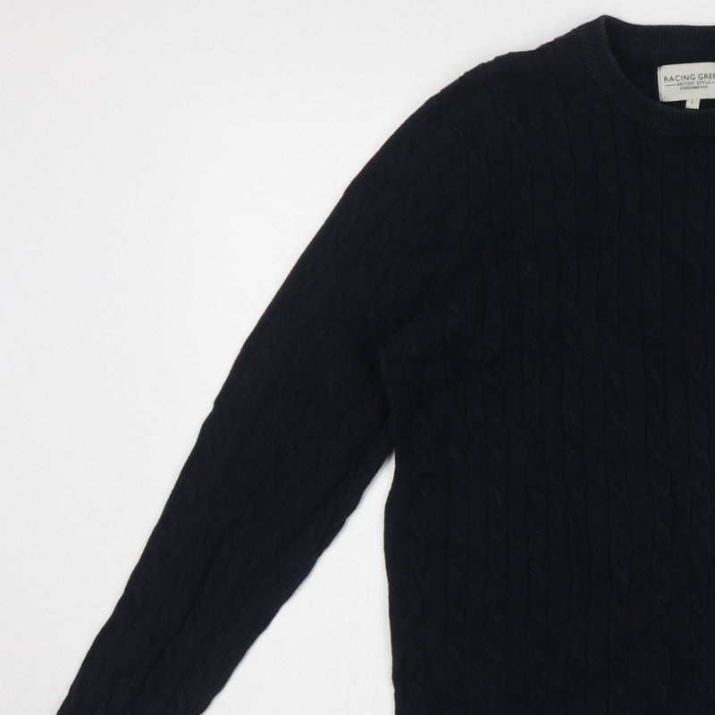 Racing Green Mens Blue L Cable Knit Cotton Crew Neck Pullover Jumper