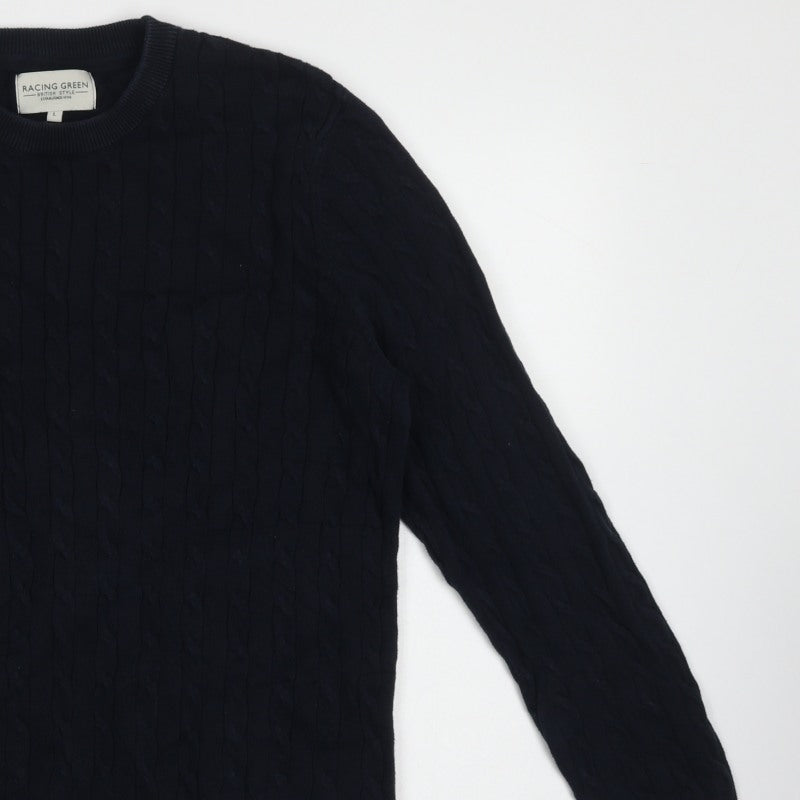 Racing Green Mens Blue L Cable Knit Cotton Crew Neck Pullover Jumper