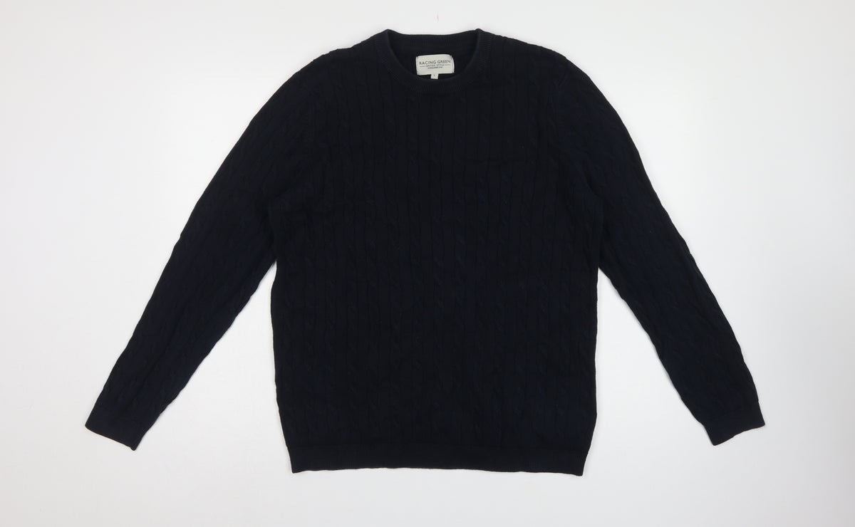 Racing Green Mens Blue L Cable Knit Cotton Crew Neck Pullover Jumper