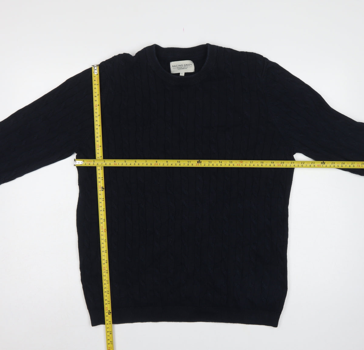 Racing Green Mens Blue L Cable Knit Cotton Crew Neck Pullover Jumper