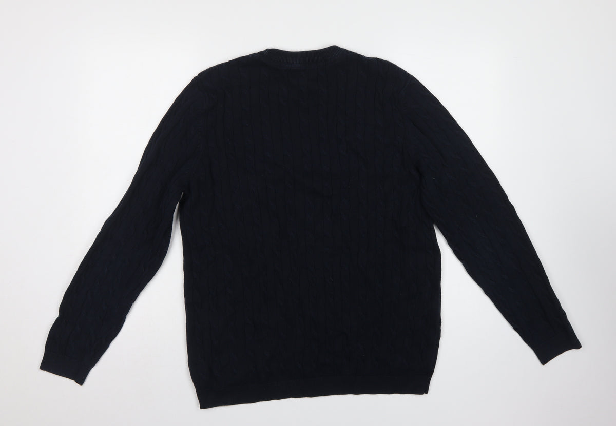 Racing Green Mens Blue L Cable Knit Cotton Crew Neck Pullover Jumper