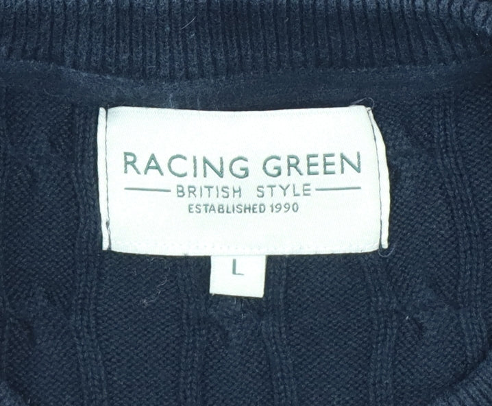 Racing Green Mens Blue L Cable Knit Cotton Crew Neck Pullover Jumper