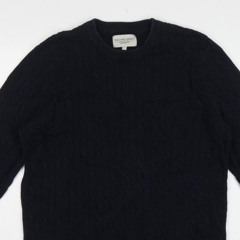 Racing Green Mens Blue L Cable Knit Cotton Crew Neck Pullover Jumper