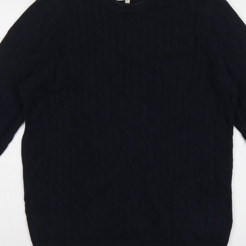 Racing Green Mens Blue L Cable Knit Cotton Crew Neck Pullover Jumper