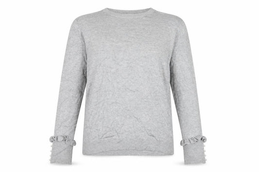 Zara Women Grey L Viscose Knit Crew Neck Ruffle Pearl Cuff Jumper