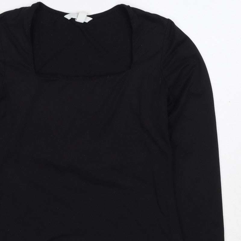 H&M Women's Black UK 10 Square Neck Long Sleeve Stretch Blouse