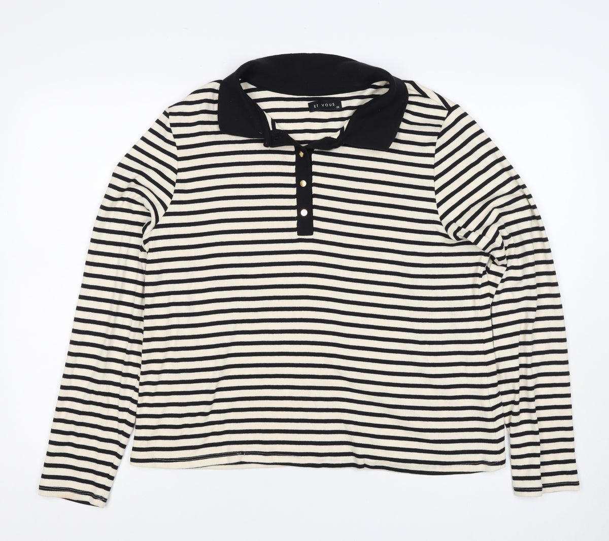 Et Vous Women's Black Ivory Stripe Collared Polo Top UK 20 Long Sleeve