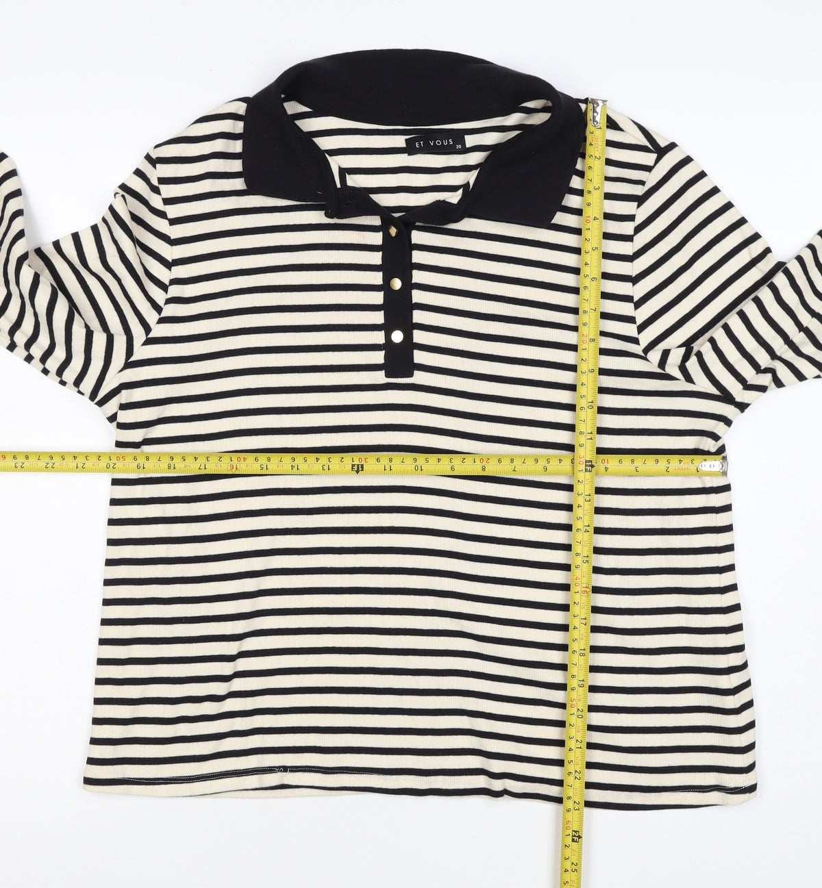 Et Vous Women's Black Ivory Stripe Collared Polo Top UK 20 Long Sleeve